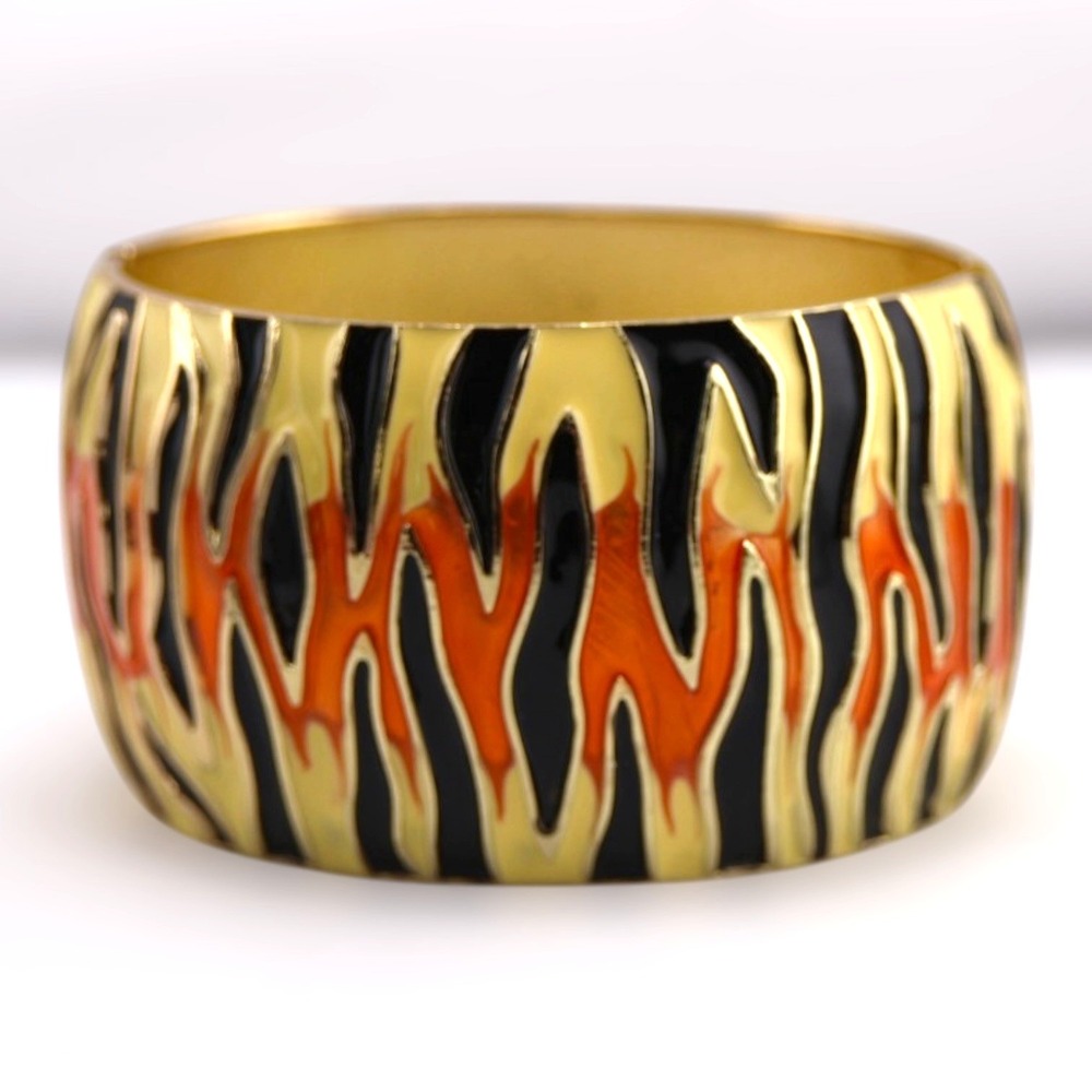 KJL Kenneth Jay Lane Vintage 90s Flame Tiger Stripe Wide Clamper Cuff Bracelet